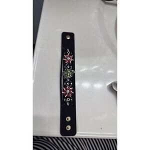 Black Cuff Bracelet Red & Green Rhinestone Flower Snap Closure